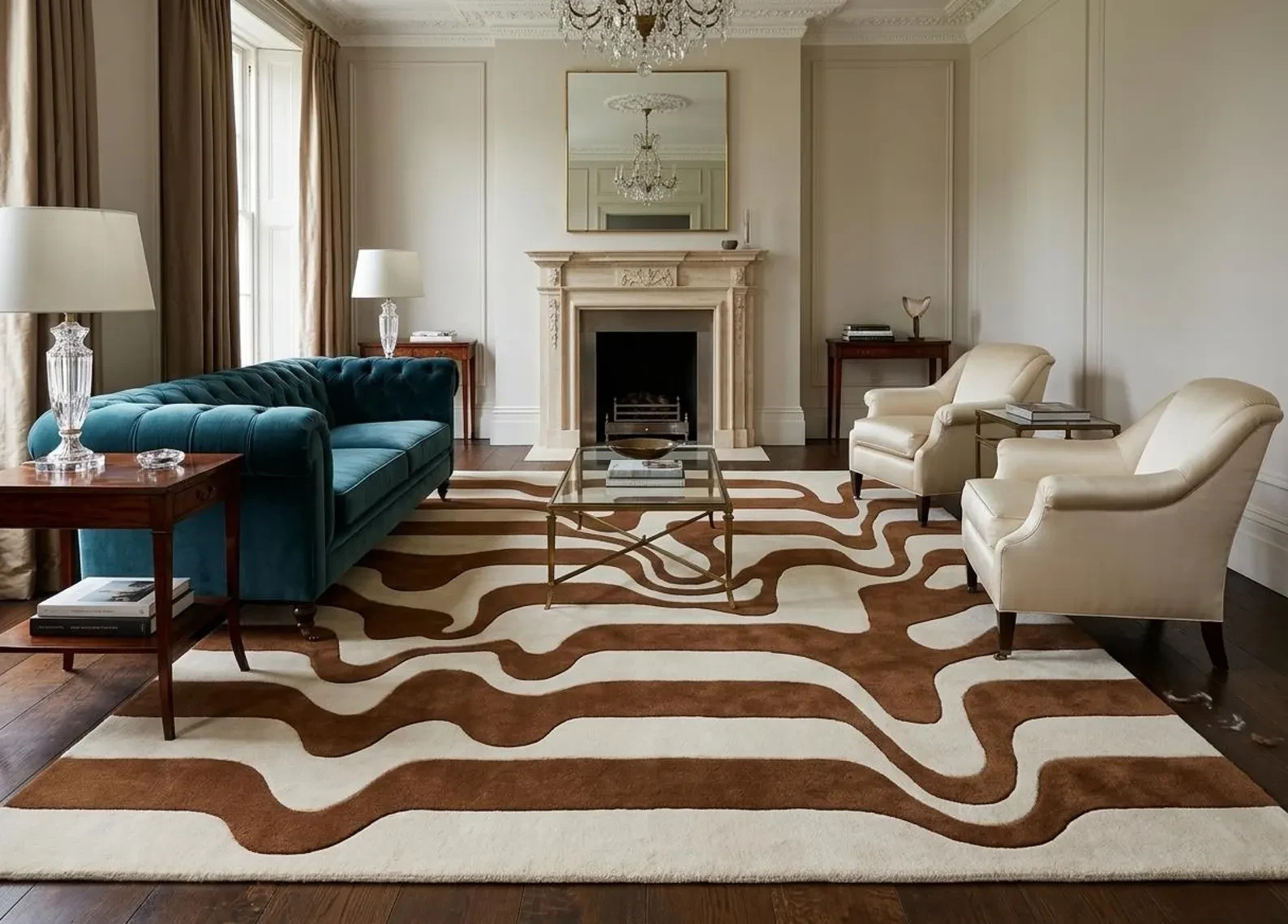 Modern Wavy Brown Wool Rug Abstract Mid Century Hand Tufted Living Room Carpets