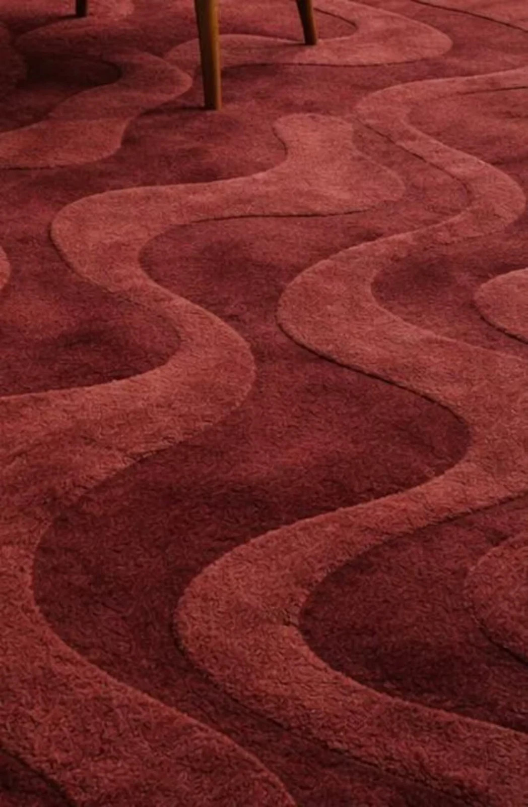 Burgundy Wave Area Rug – Hand Tufted Wool Modern Rug, Abstract Wavy Carpet.