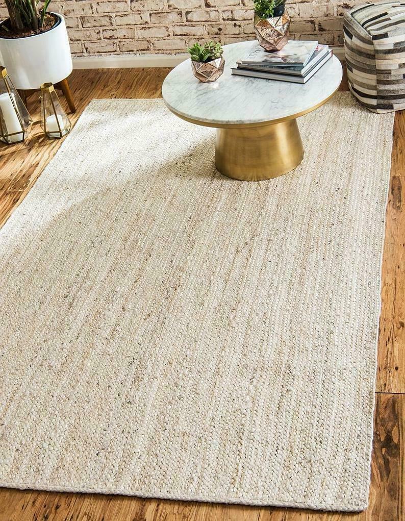 Rug 100% Natural Jute Braided style Handmade White Runner Rug Living Area Carpet