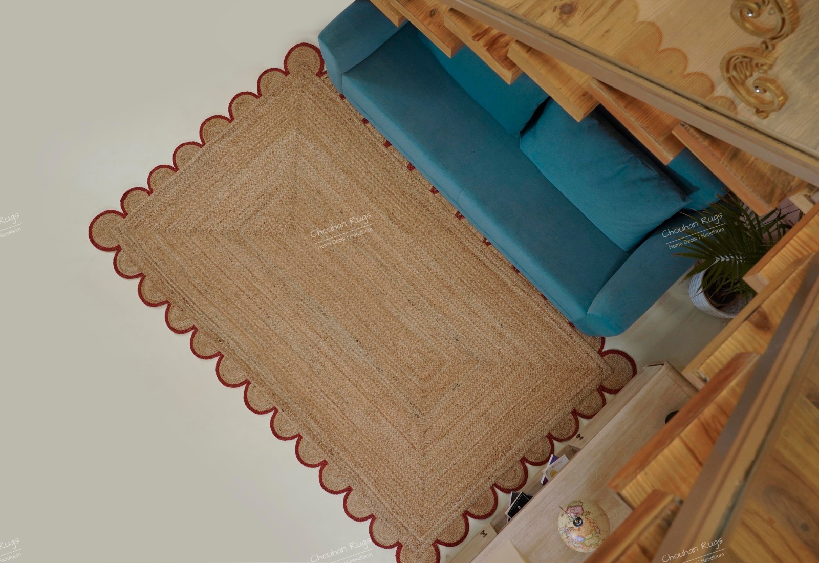 Wavy Edge solid natural jute rug with red border home and Living area rugs
