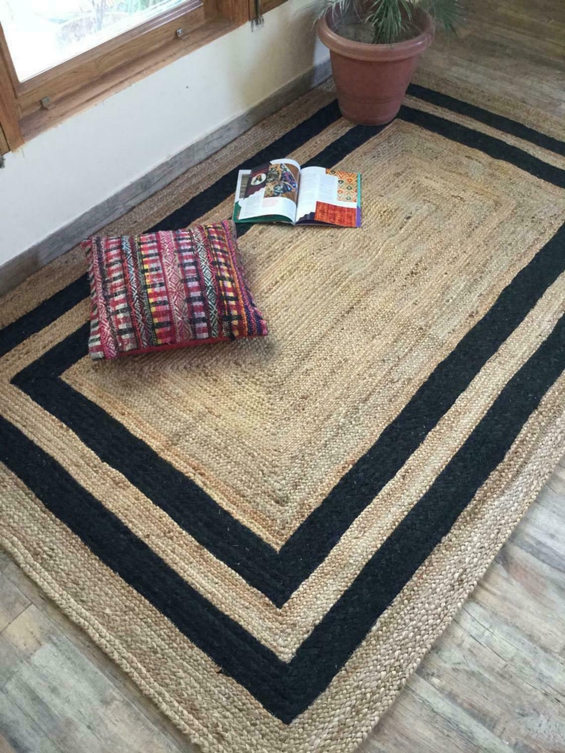 Natural Jute With Black Line 100% Handmade Rectangle Home Decorative Look Rug