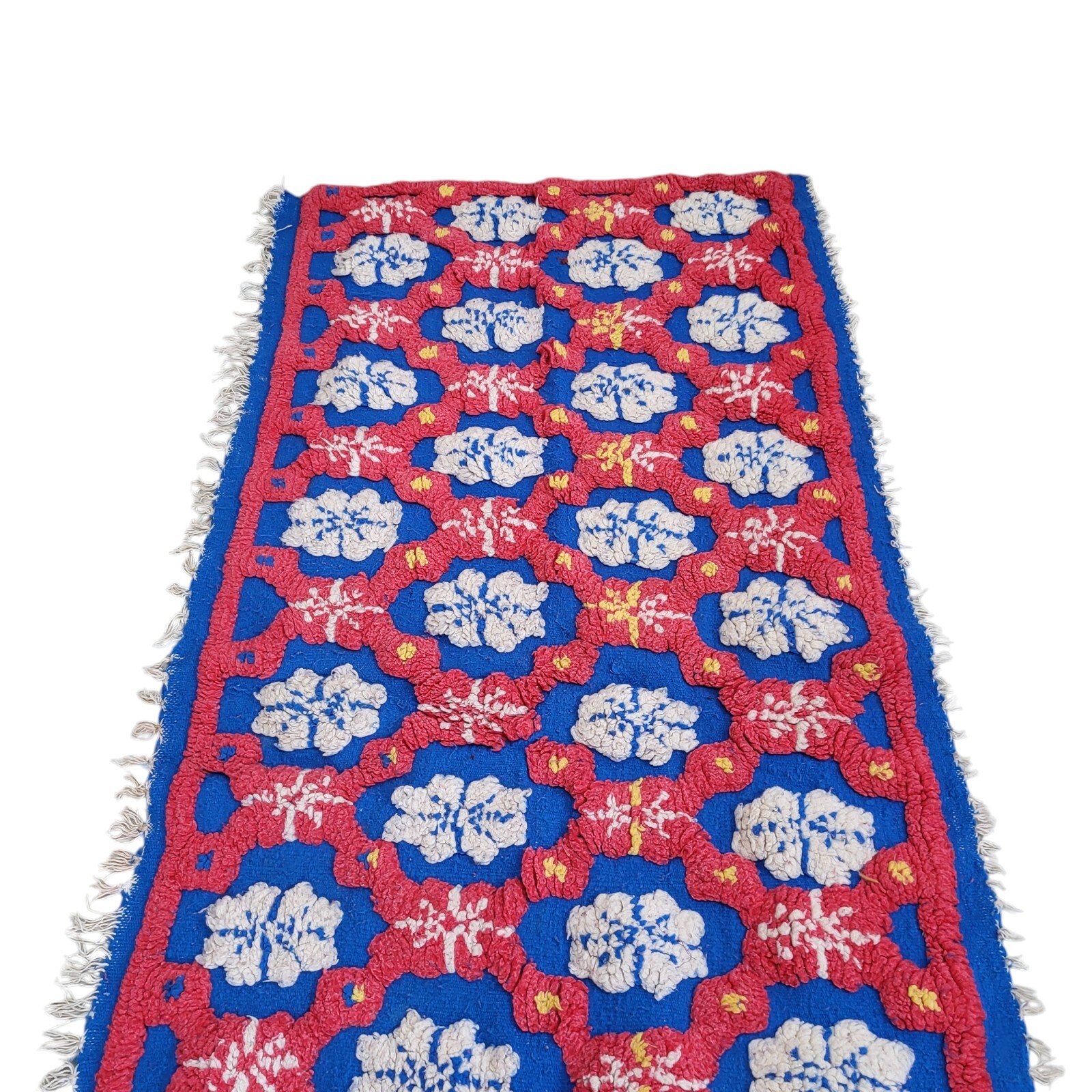 Vintage Moroccan Handmade Rug 3D Blue Red White Floral Tribal Berber Carpet 6×3