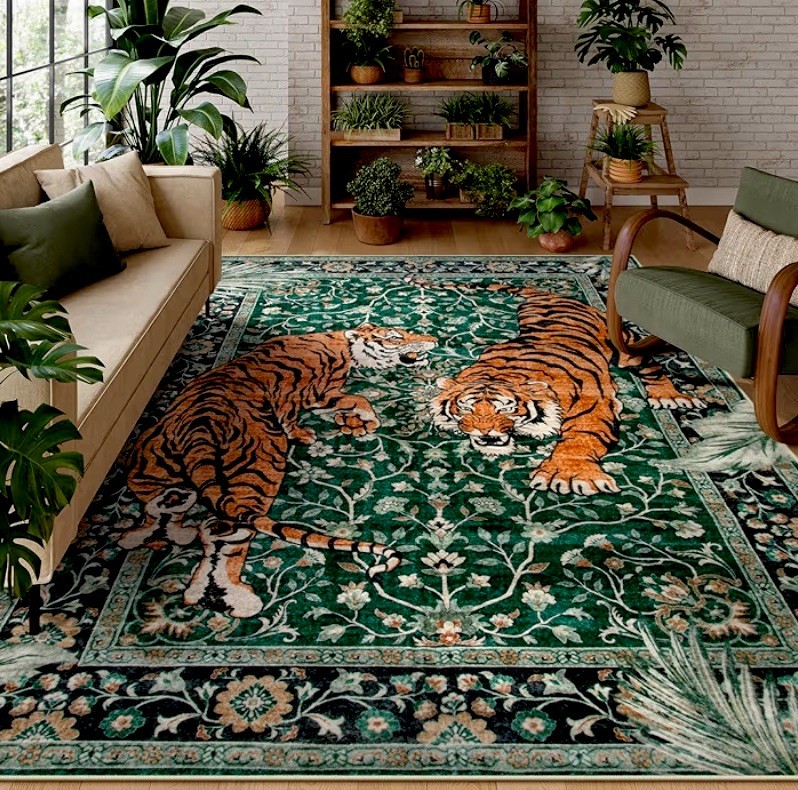 Tiger Animal Print Rectangle Area Rug for Living Room, Green Orange Black Beige