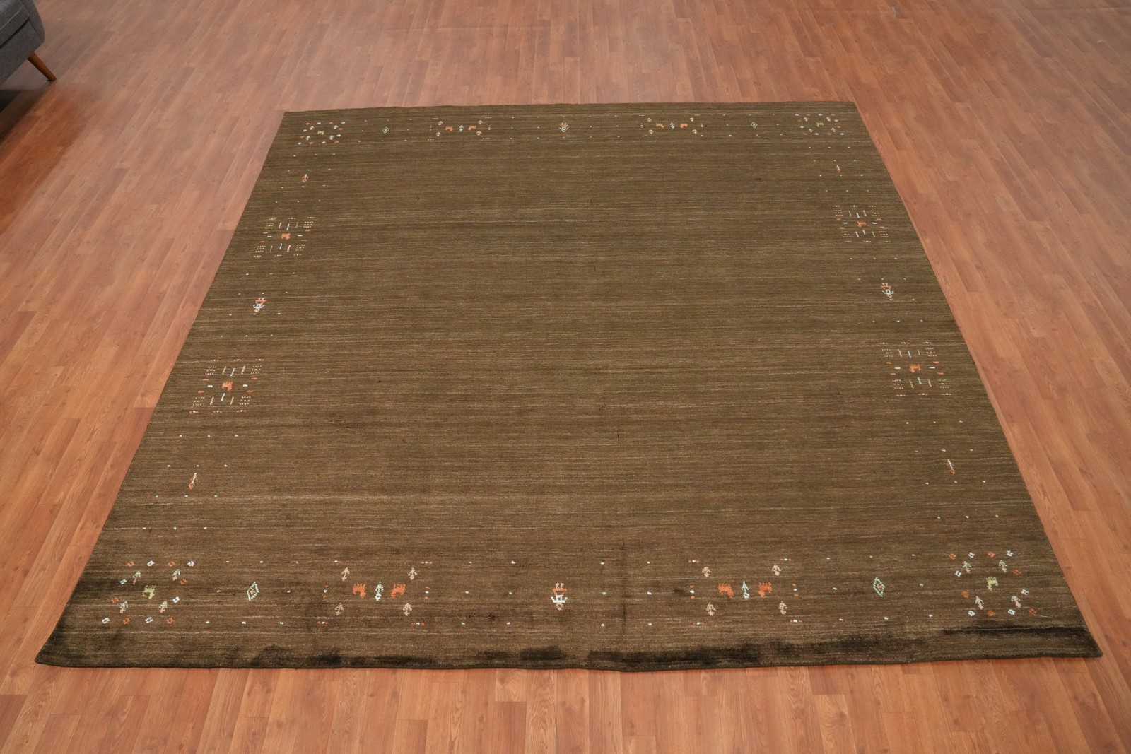Brown Square Area Rug 10×10 Hand-knotted with Subtle Embroidered Patterns