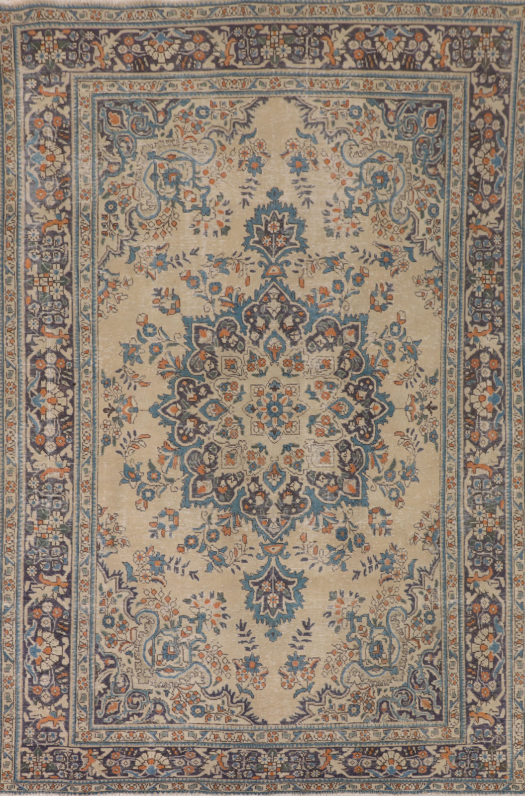 Vintage Beige/ Navy Blue Handmade Wool Tebriz Traditional Room Size Rug 7×10