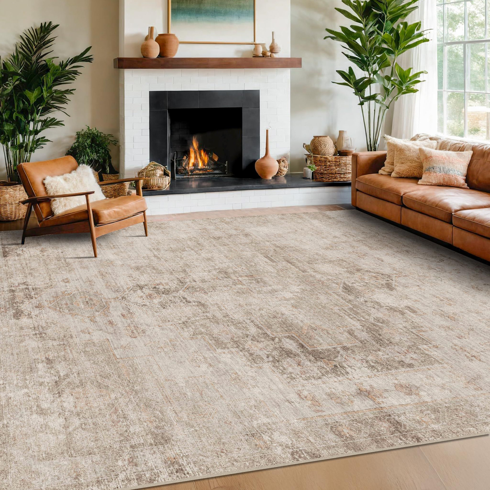Hazo Haus Farmhouse Area Rugs 8′ x 10′ (Rectangular), Beige / Brown / Peach