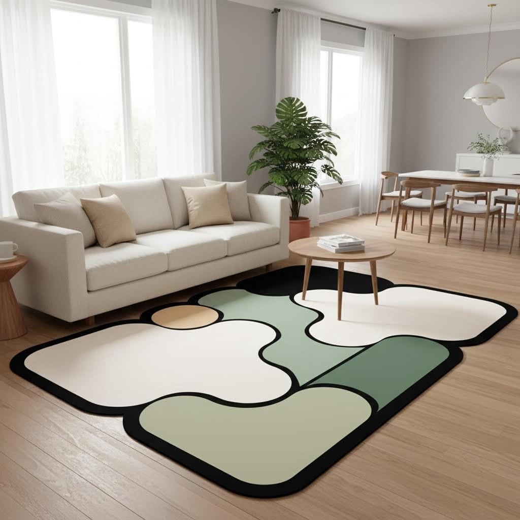 Geometric 5×7 Area Rug – Black Beige Green Irregular Design for Home & Office