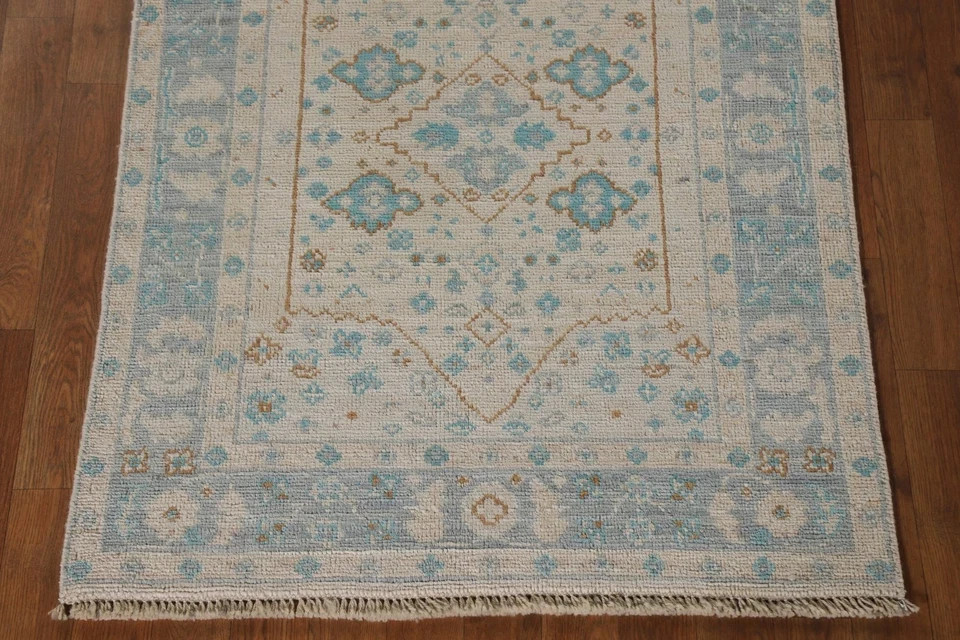 Hand Knotted Oushak Wool Rug Vintage Turkish Floral Light Blue Cream Area Carpet