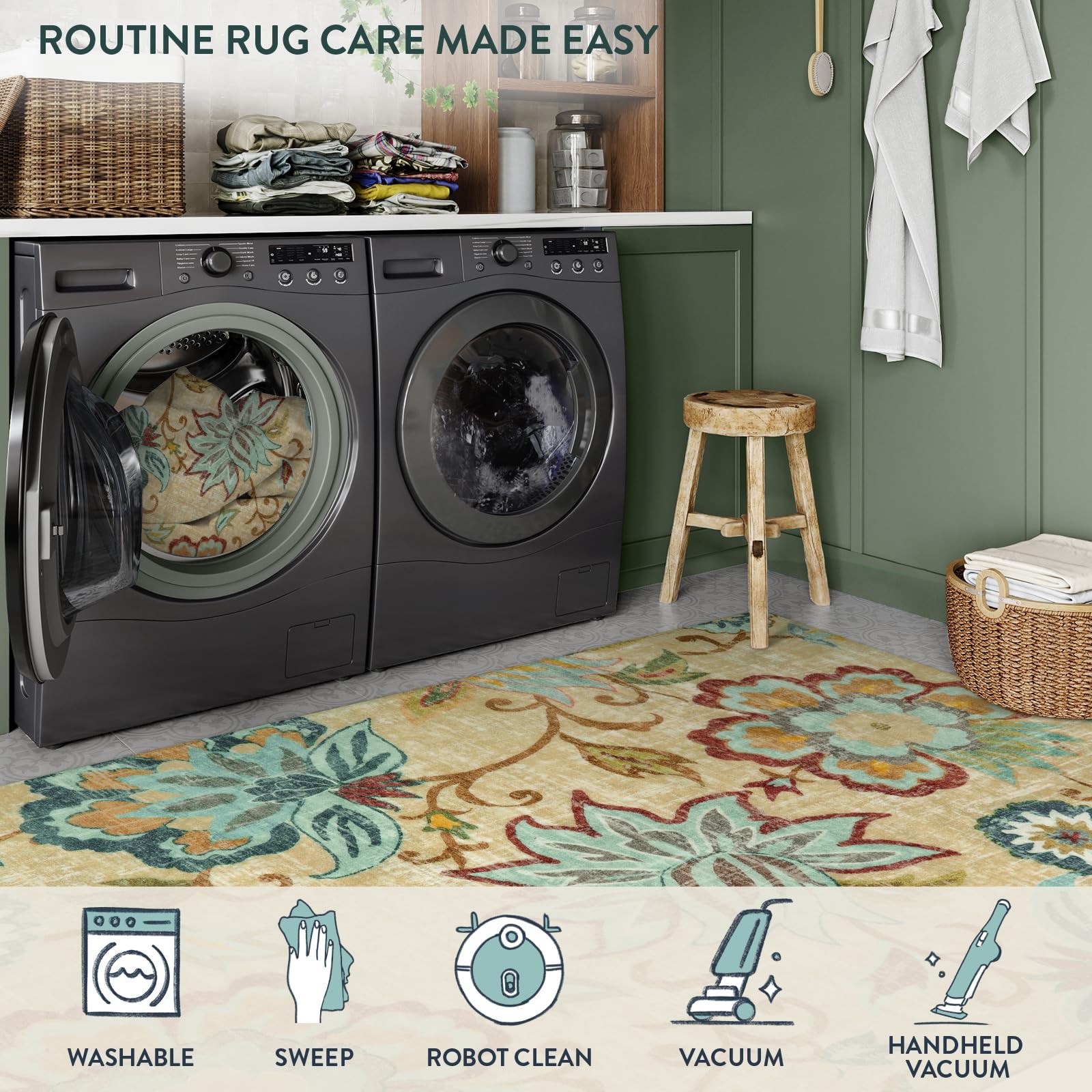 Floral Entryway Rug 2×3 Small Throw Bedroom Beige Paisley Non-Slip Washable