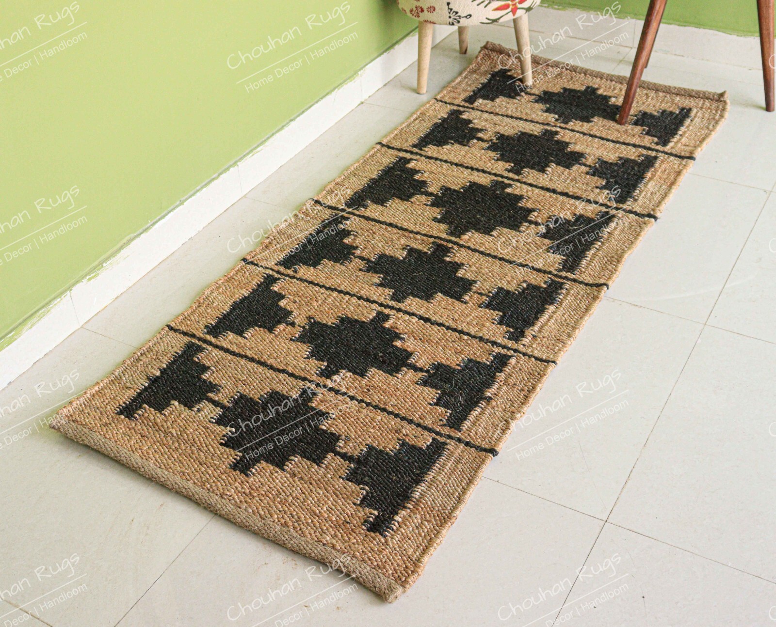 Indian Handloomed Hemp Beige With Black Jute Runner Hemp For Yoga, Decor Hemp