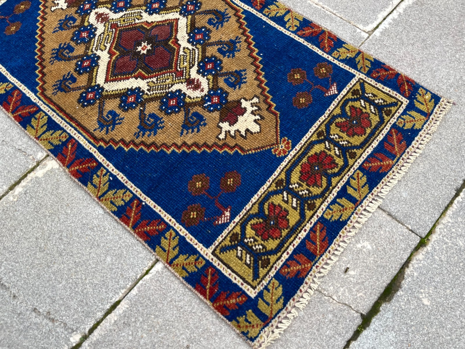 Vintage Oushak Rug 1.9×3.6 ft Small Turkish Indigo Blue Boho Tribal Mat