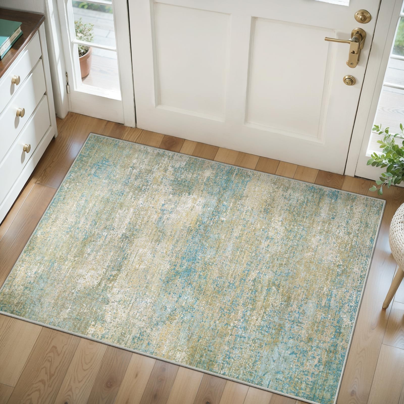 1 PCS 2×3 Ft Blue/Beige Washable Entryway Area Rug Modern NonSlip Low Pile Mat