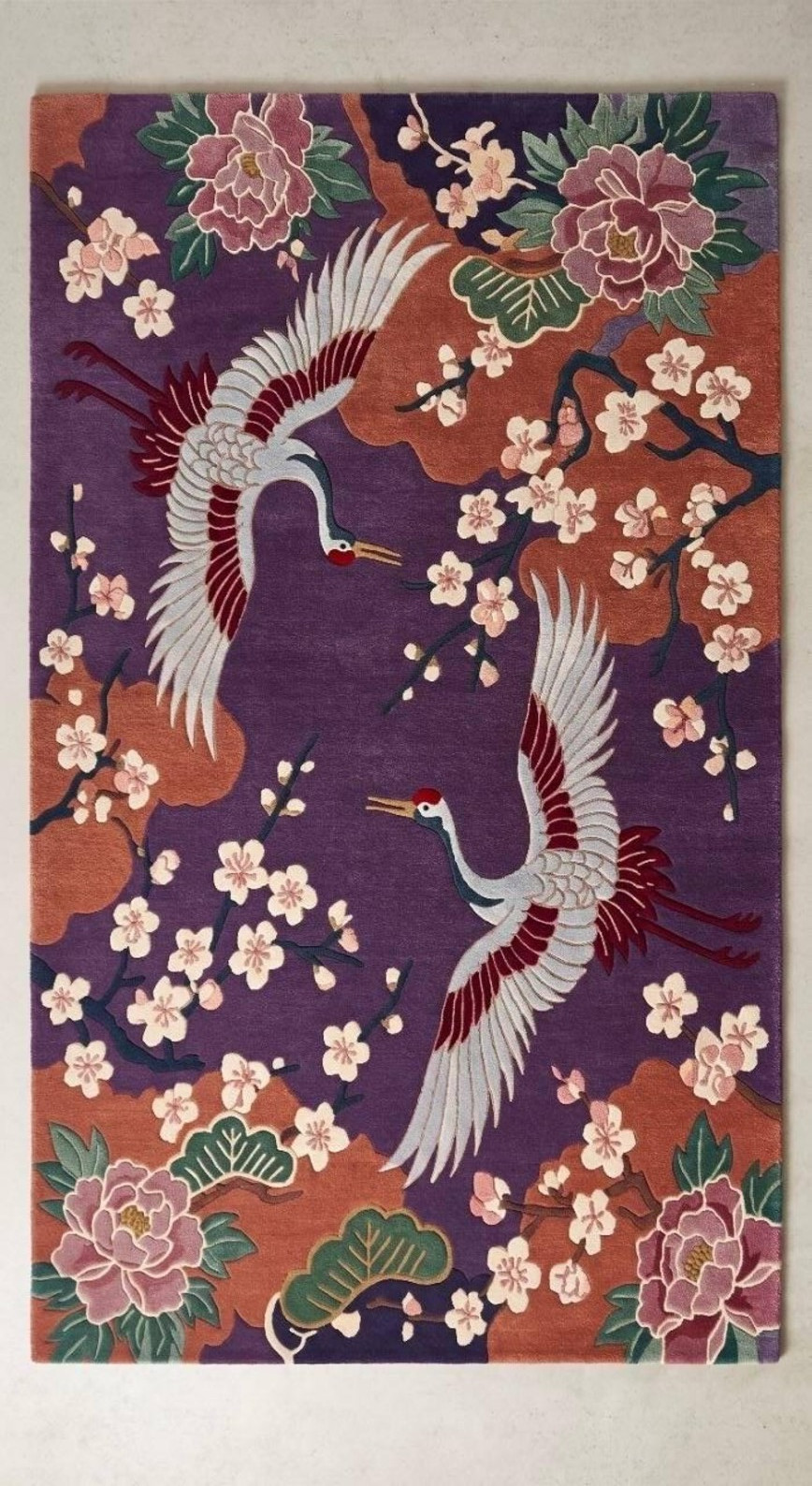 Hand-Tufted Wool Rug – Japanese Crane Cherry Blossom Art Décor Area Carpet Rug