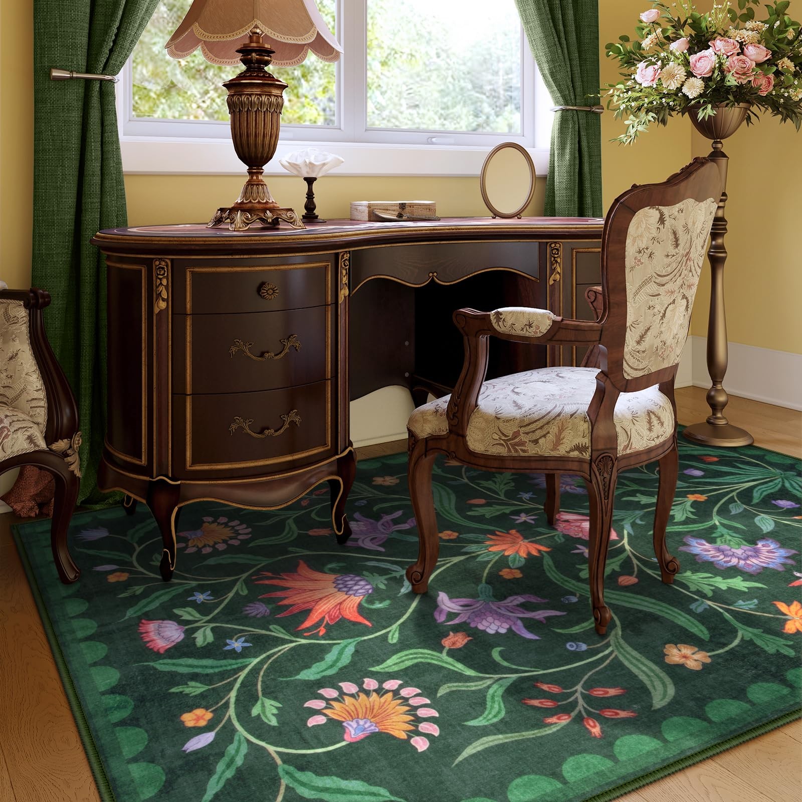Best Lahome Boho Floral Washable Green 5×7 Area Rugs for Living Room, Non Slip