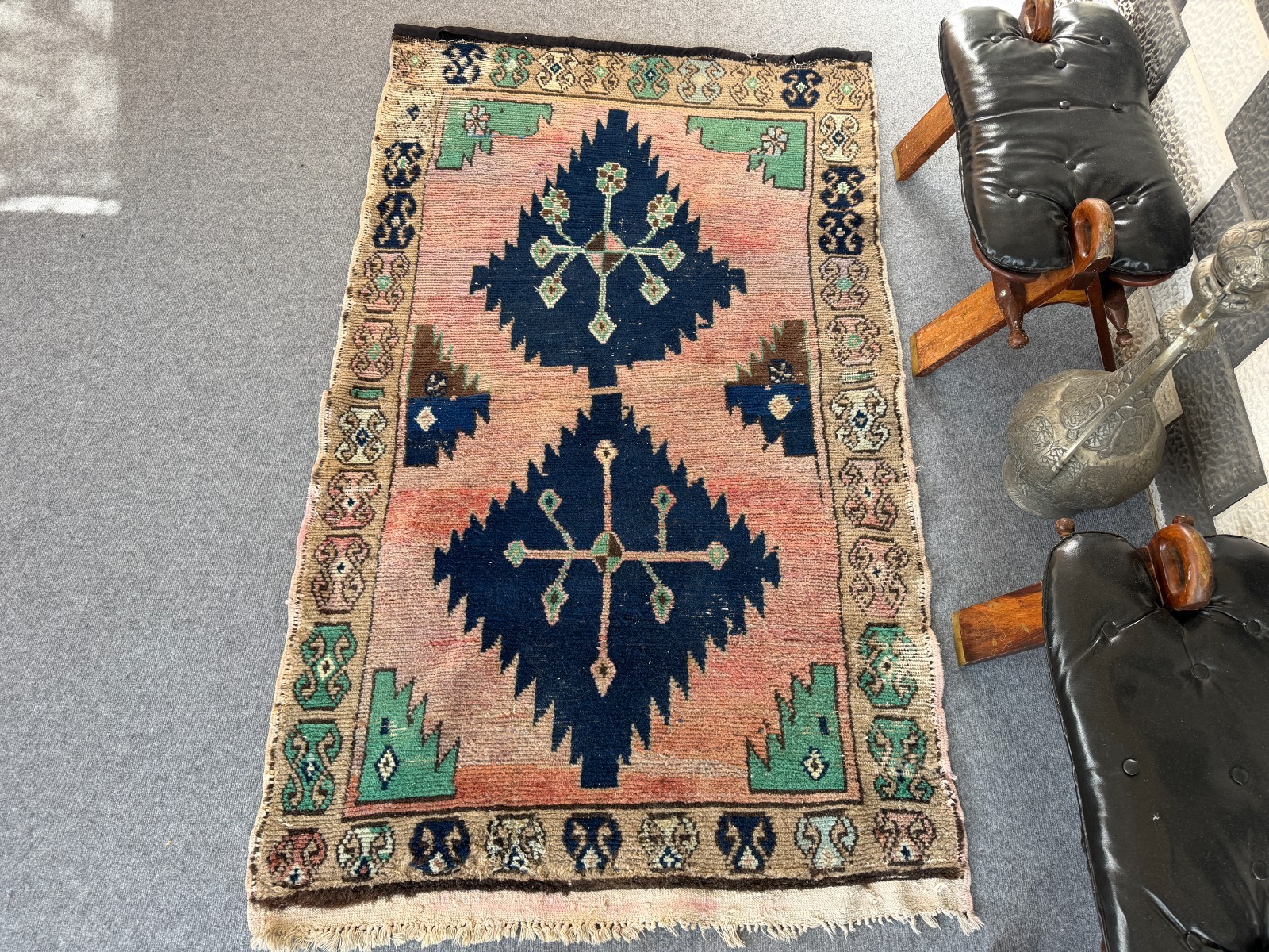 Vintage Turkish Oushak Rug 3×5 Ft, Handmade Anatolian Wool Rug Blue Boho Accent