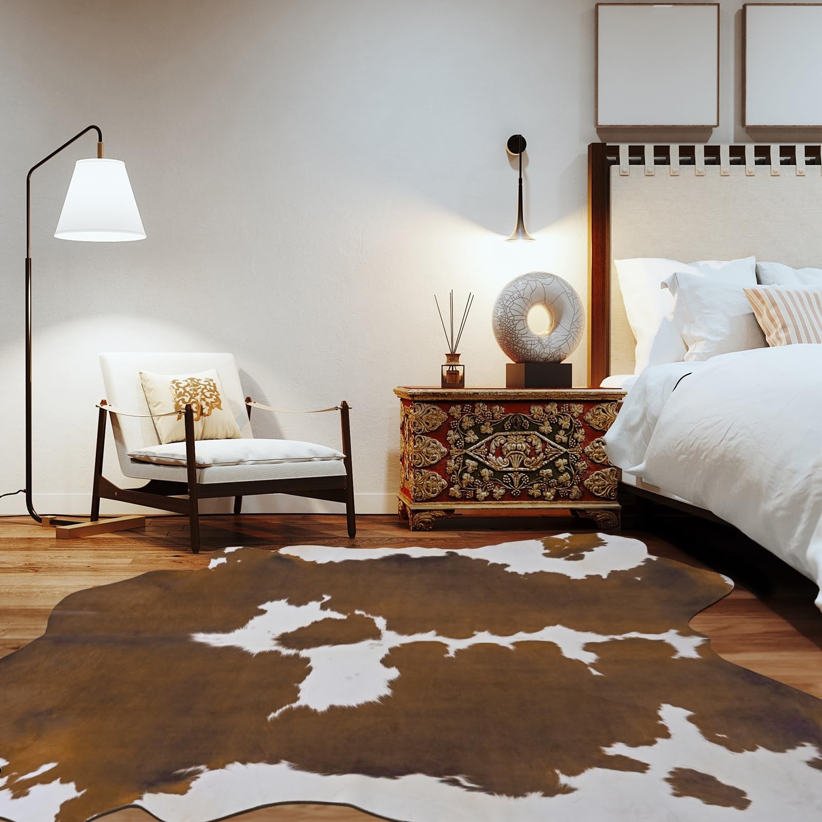 Faux Cowhide Area Rug, 4.6×5.2 Ft Brown Cow Print Rustic Western