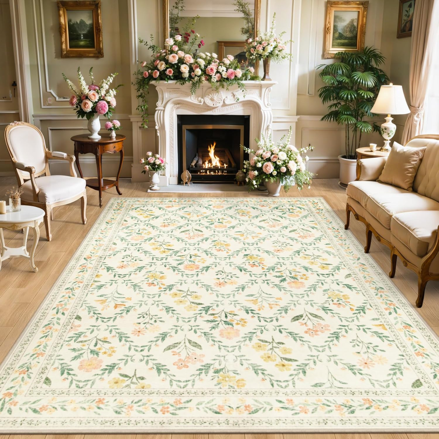 8X10 Area Rugs for Living Room: Floral Washable Rug Vintage Large Soft Boho Non-