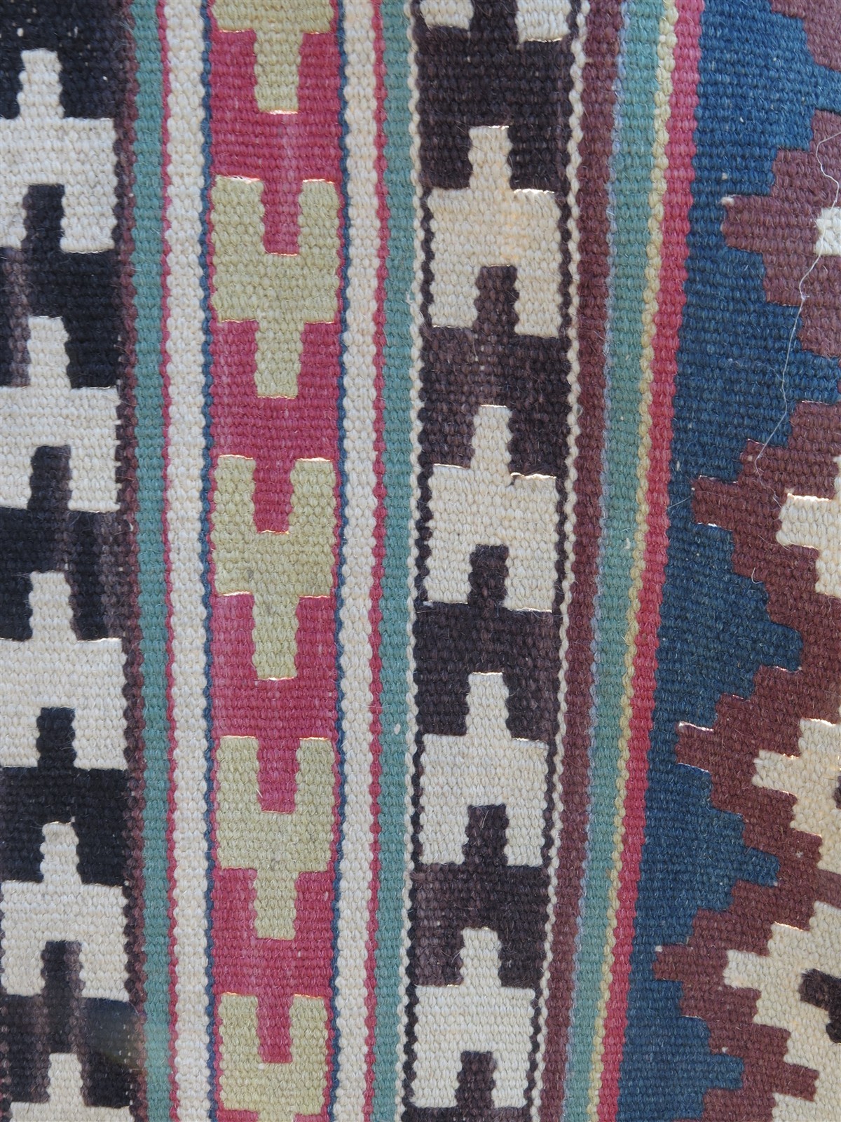 Vintage Handmade Turkish Kilim Area Rug in Blue, Pink, Purple & Brown 101″ x 67″