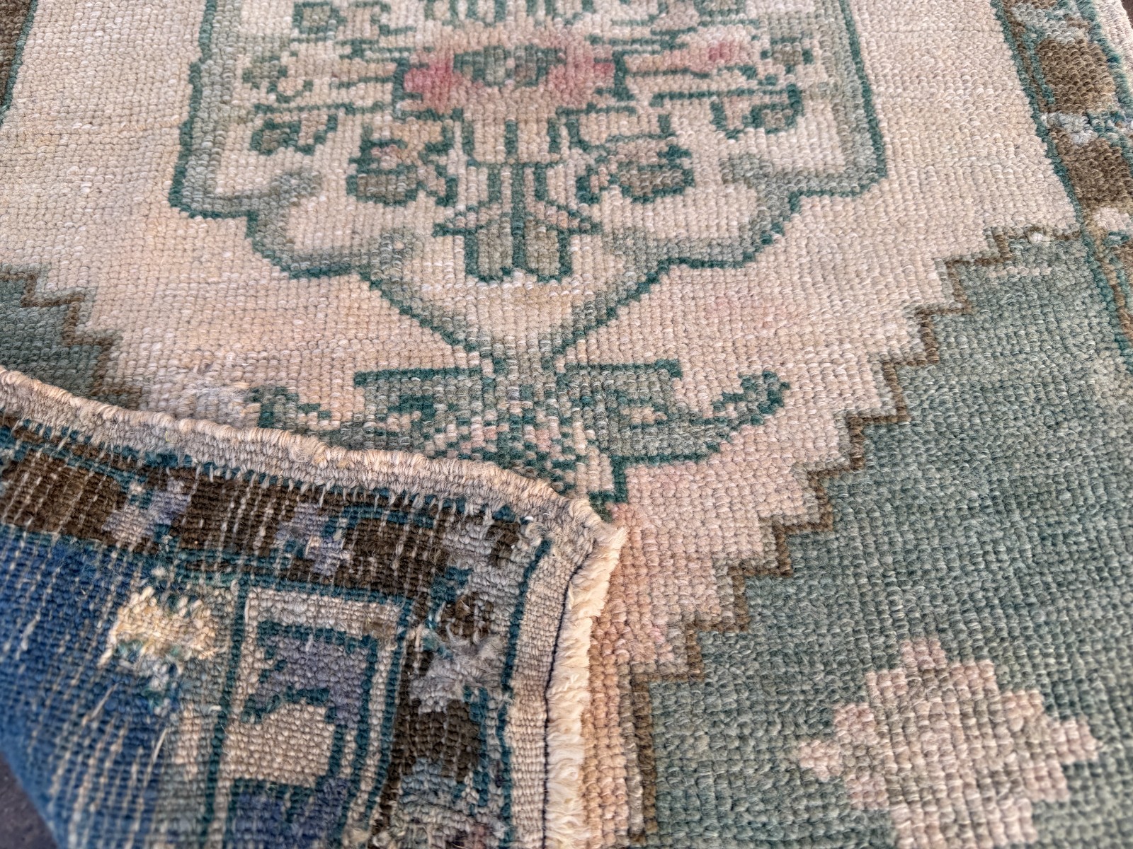 Small Vintage Oushak Rug 1.8×2.8 Ft Sage Green Cream Pink Wool Accent