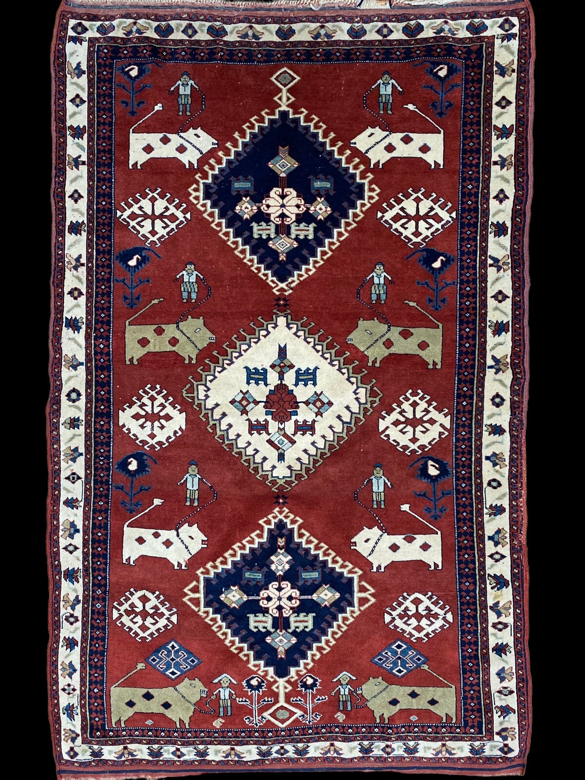 Museum Piece Vintage Animal Man Pictorial Vegetable Dye Kurdi Area Rug Wool 4×6