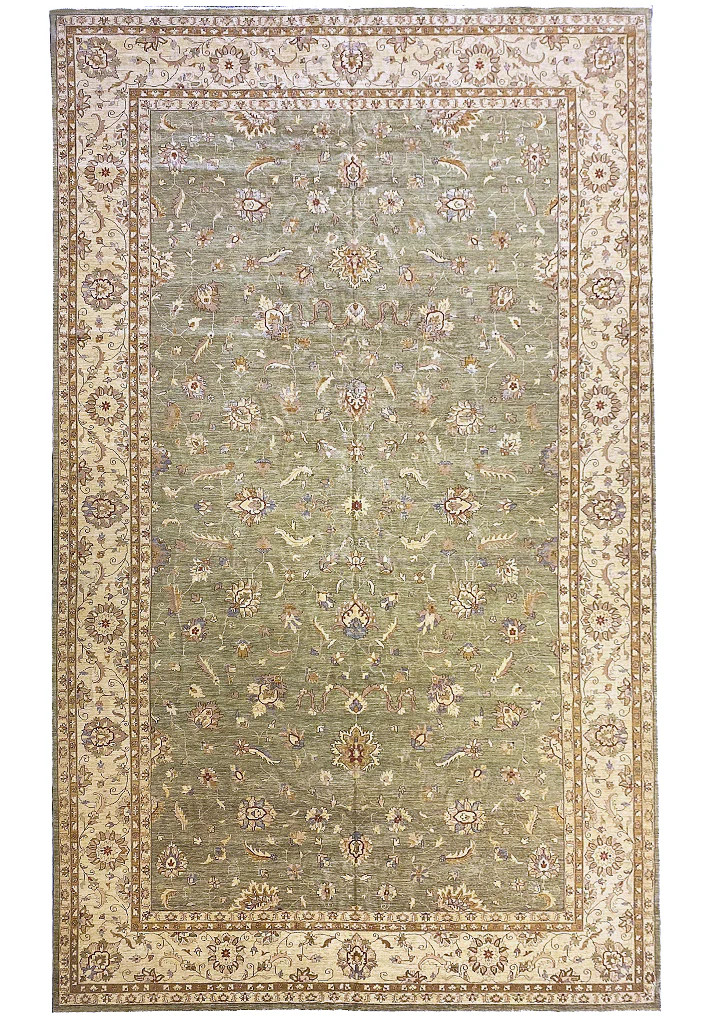 13′ x 22′ Zigler Chobi Peshawar Rug Neutral Pale Large Green Rug 15439