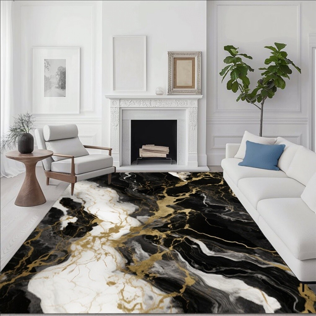 Black White Gold Modern Abstract Marble Rug Soft No Slip Art Deco Unique Carpet
