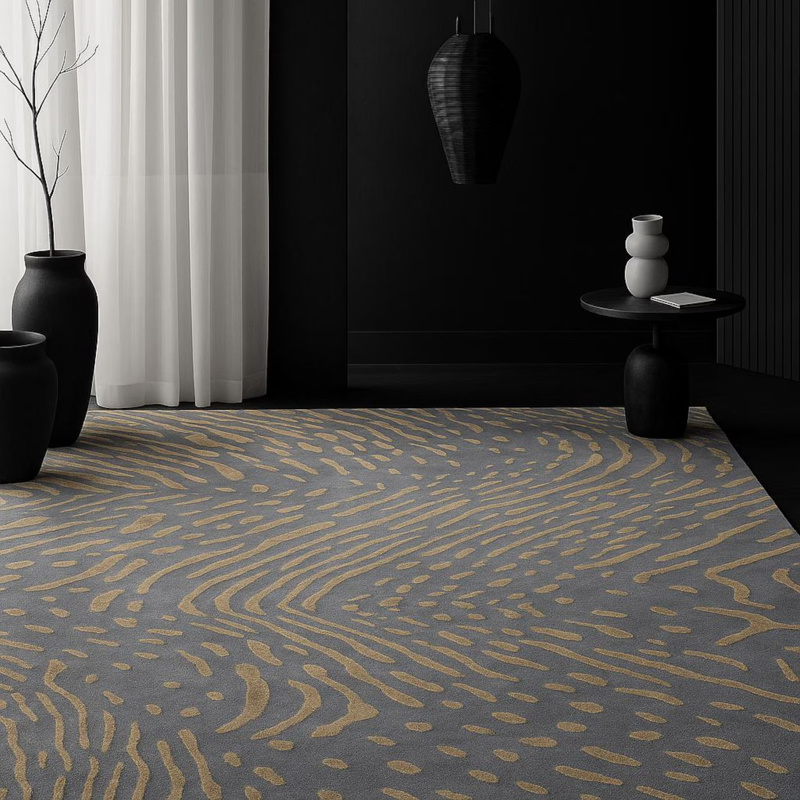 tufted Swirl Pattern Wool & Silk Rug: Grey and Gold Hand-Tufted Modern Area Rug