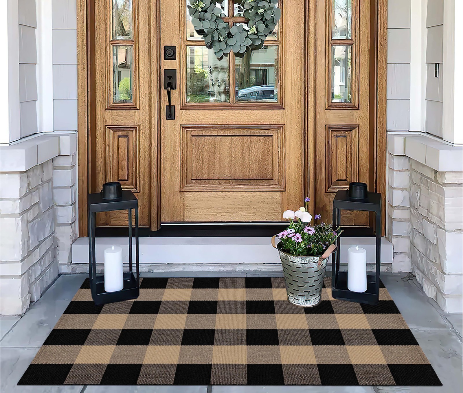 Buagetup Khaki And Black Outdoor Rug 27.5X 43.3Checkered Layered Doormat Cotton
