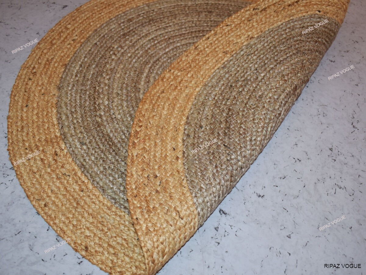 Round rug natural jute hand braided farmhouse jute area rug grey + beige