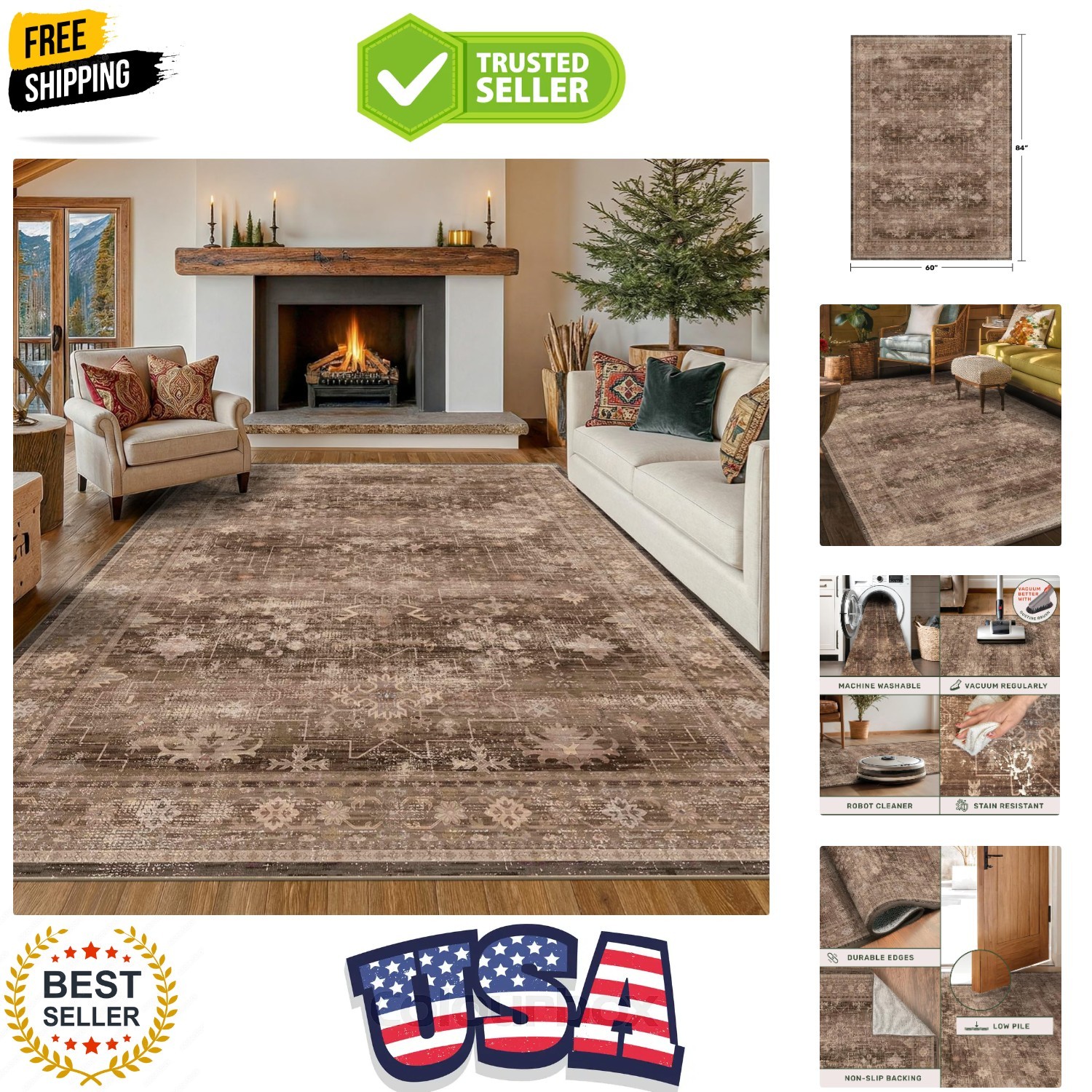 Boho Taupe Brown 5×7 Living Room Rug – Modern Vintage Traditional Oriental Ne…