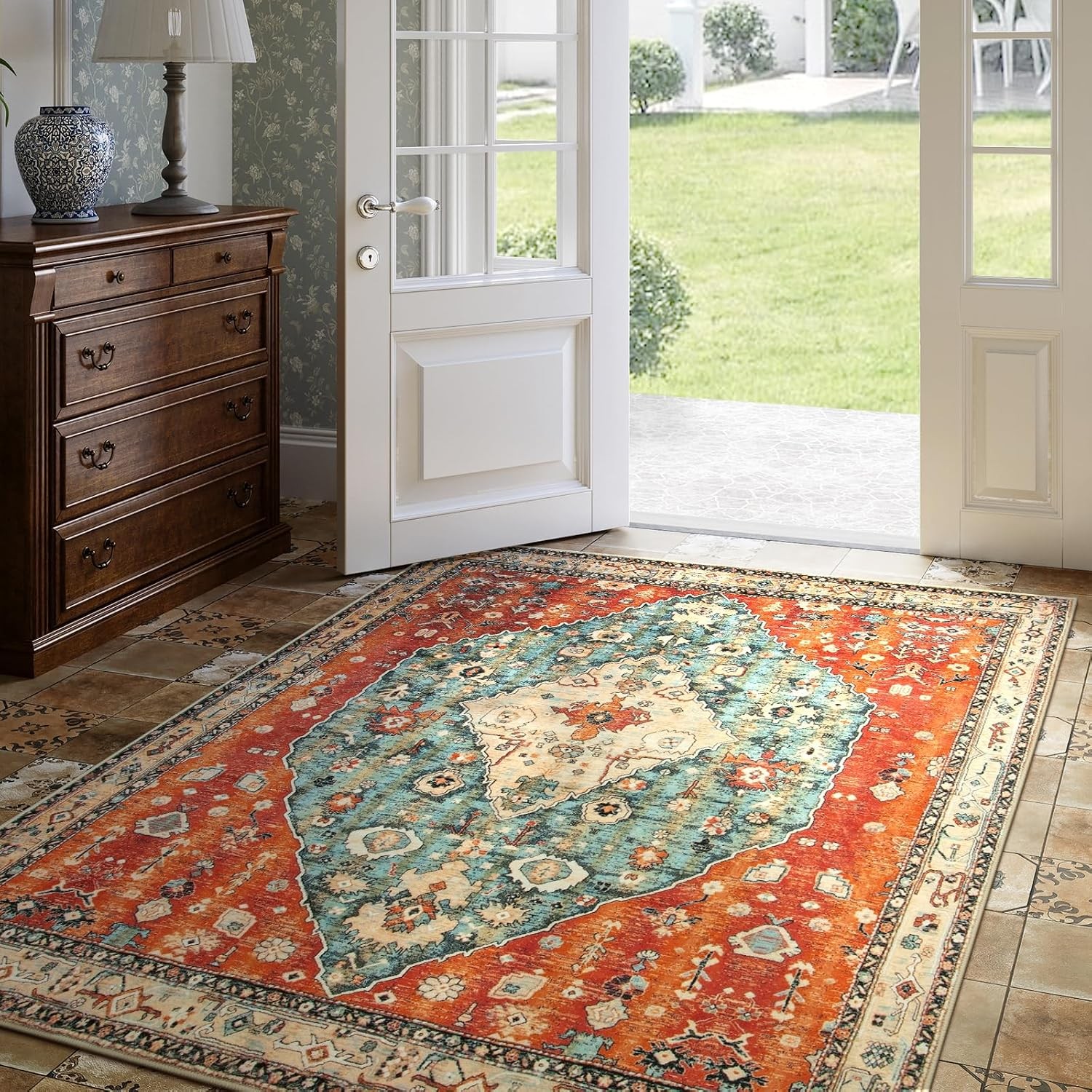 Felice Boho Tribal Square 4X4 Washable Rug, Soft Living Room Kitchen Entry Rugs