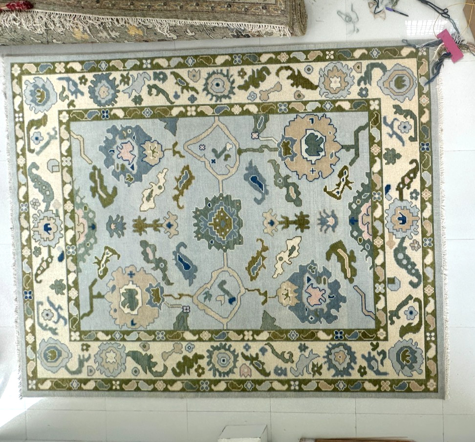 Green Blue Hand Knotted Oushak Rug Turkish Wool Area Carpet For Living Room 8×10