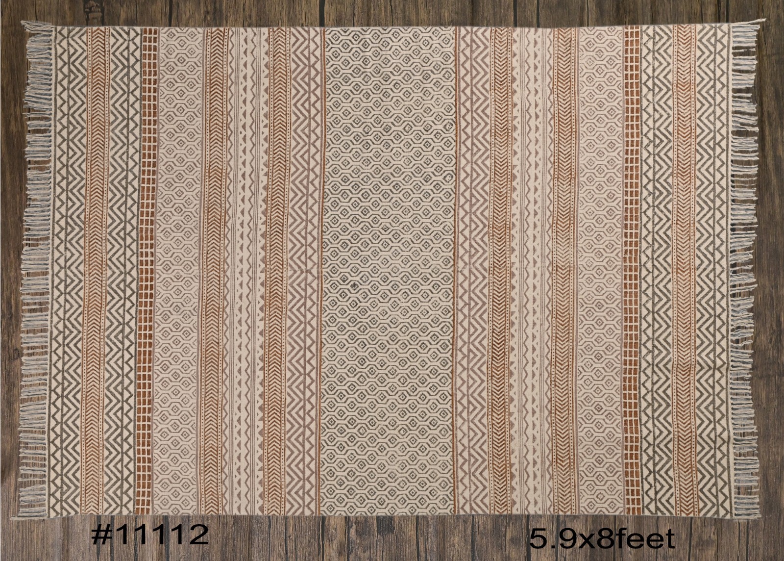 Beige Brown Hand Block Print Cotton Area Rug Boho Farmhouse Carpet Fringe Rug