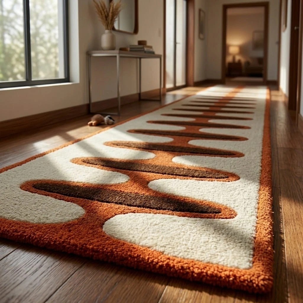 Hand-Tufted Wool Runner Rug – Abstract Mid-Century Modern Handmade Hallway Rug