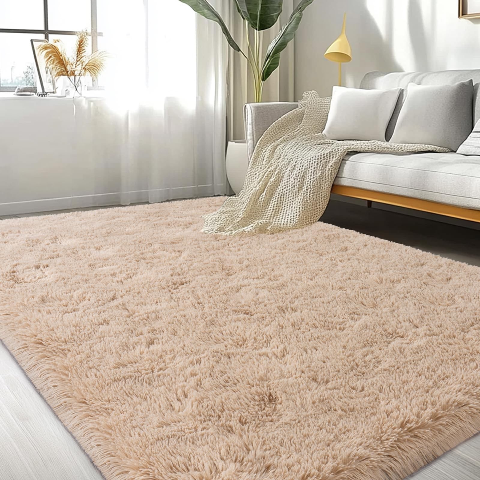Lairep 5×7 ft Beige Fluffy Shag Area Rug for Living Room Bedroom