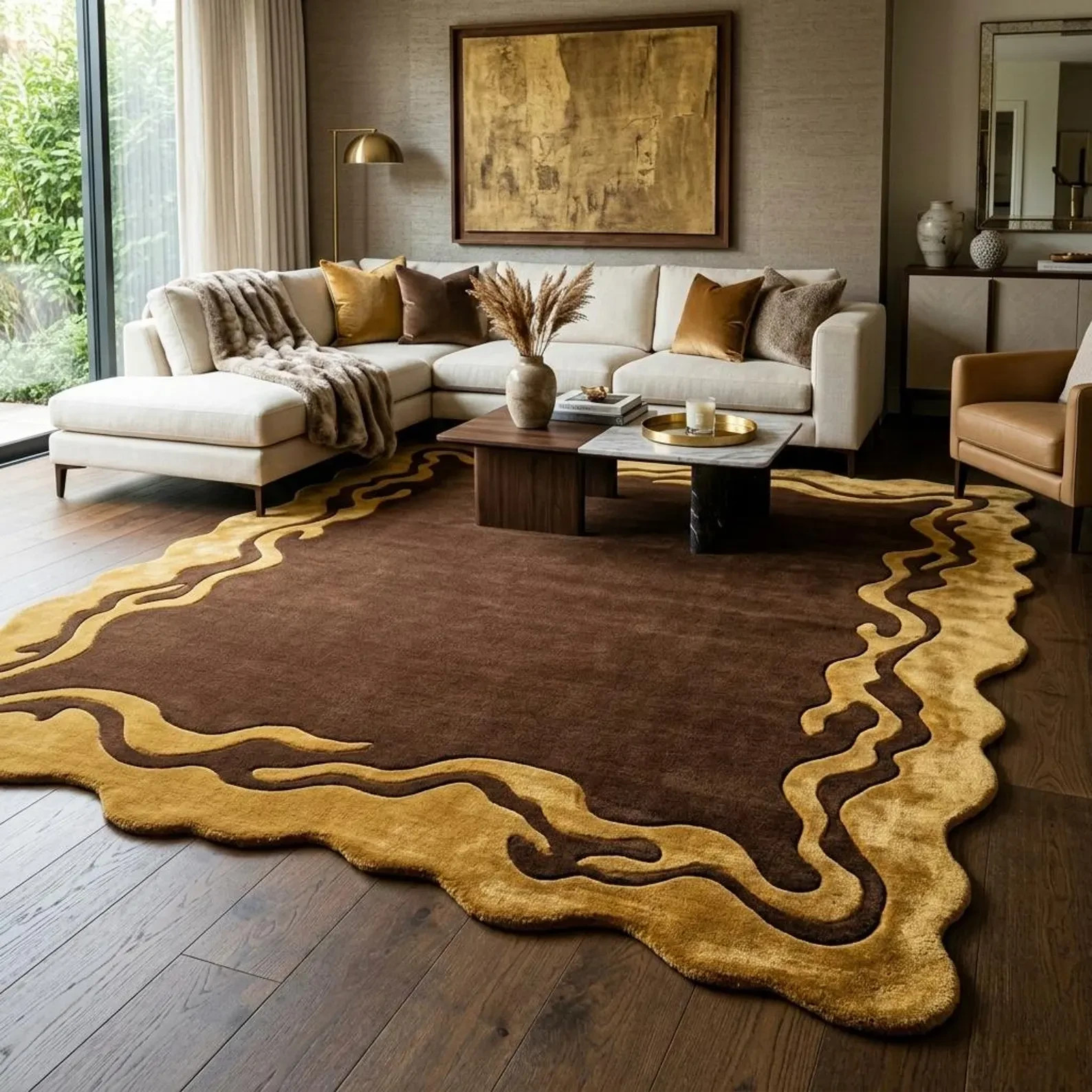 Modern Abstract Gold Border Area Rug Irregular Shape Large Modern Handmade Rug