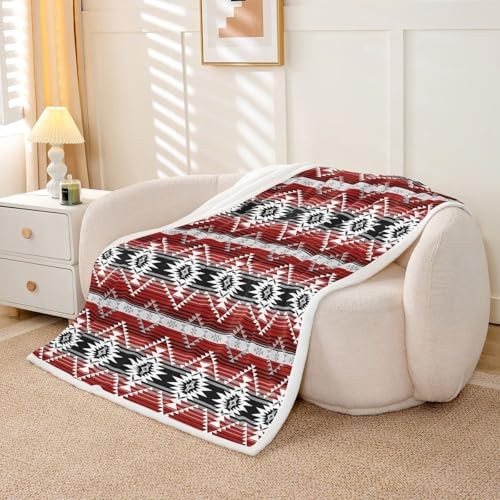 Western Sherpa Blanket Plush Fuzzy Southwestern Aztec Throw Red Grey Black