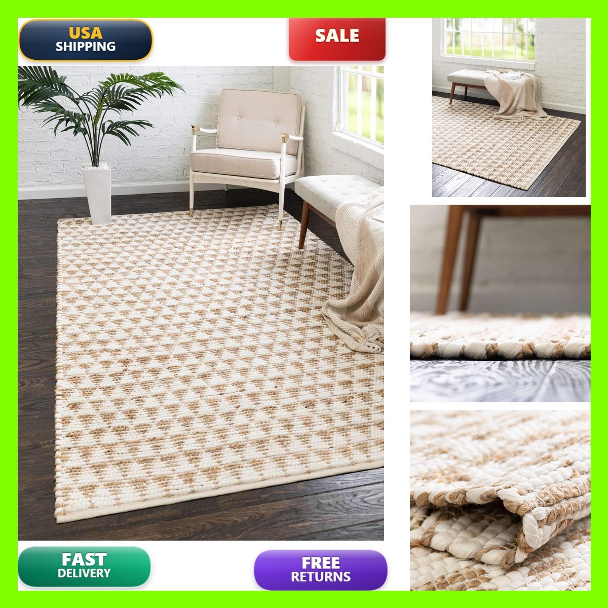 Unique Loom Chindi Jute Collection Area Rug 4 1 X 6 1 Rectangle White/ Natural