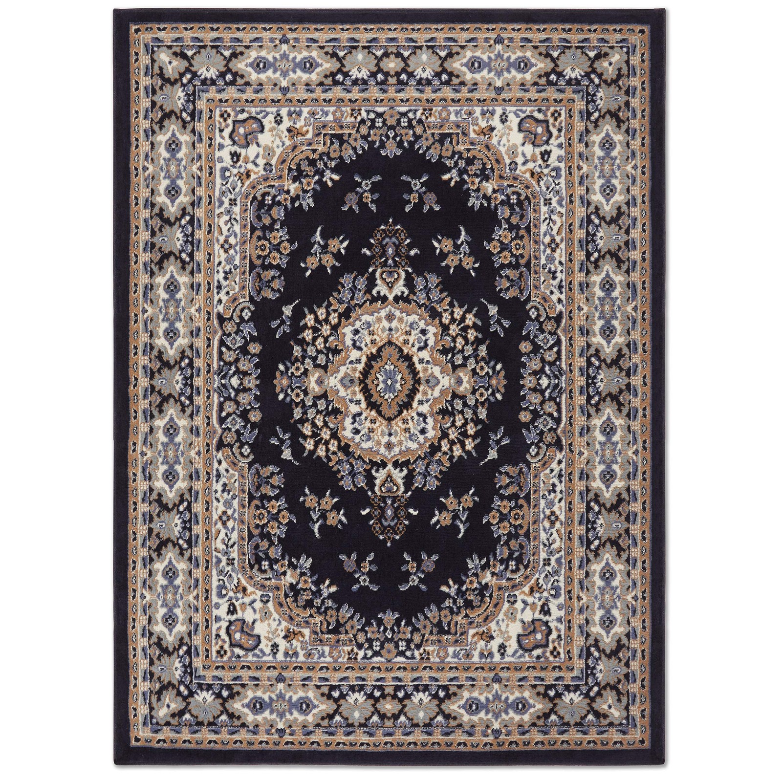 Premium Sakarya Traditional Medallion Border Area Rug, Navy Blue/Brown, 7’8″x…