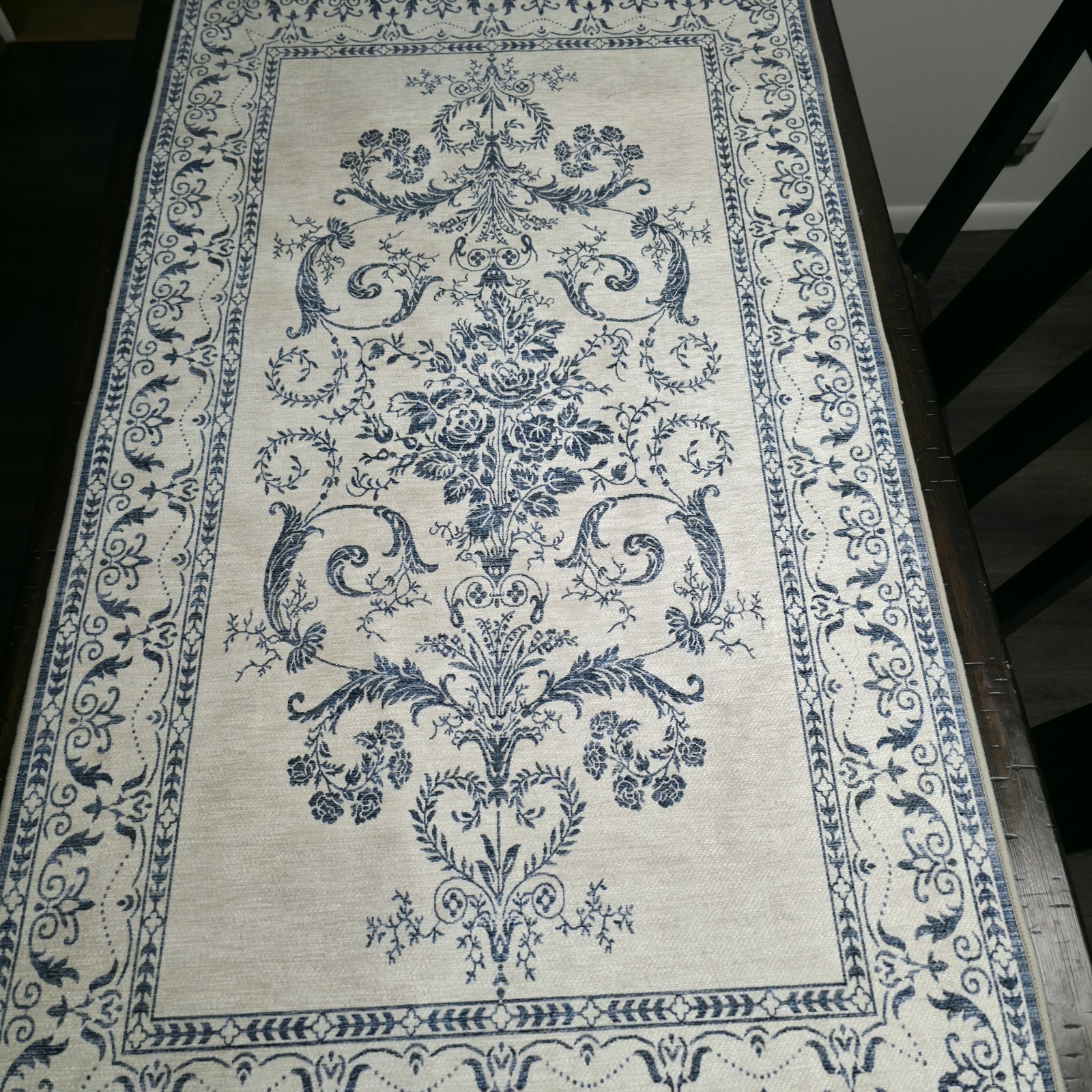 Laura Ashley Aure Blue Beige Floral Border Area Rug Machine Washable 44×25