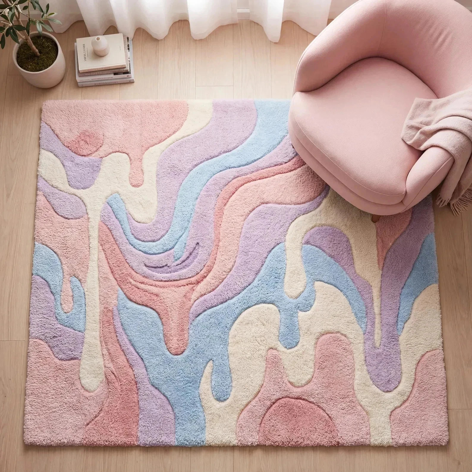 Hand Tufted Abstract Pastel Rug Modern Pink Area for Bedroom, Wavy Area Carpet