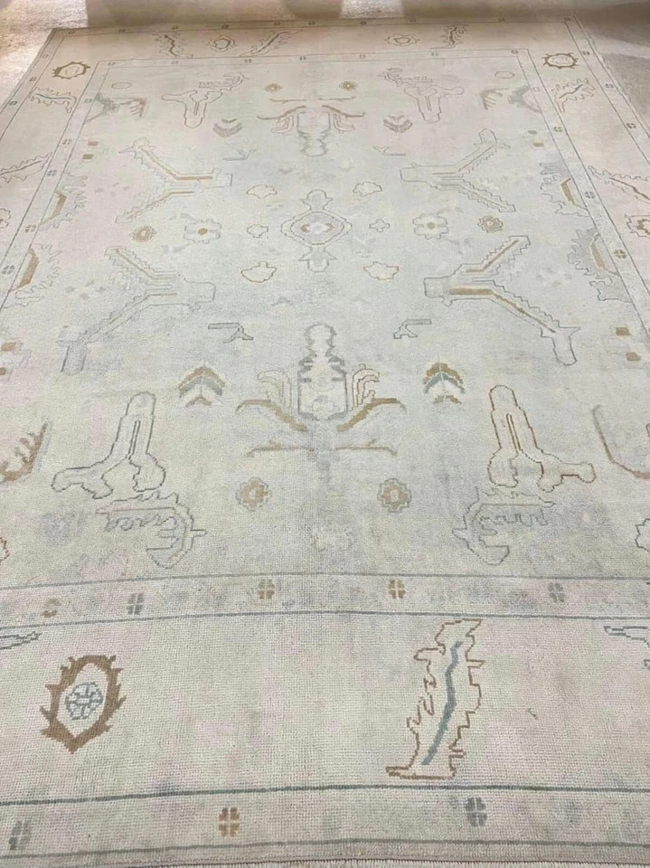 Hand Knotted Oushak Area Rug Vintage Cream Turkish Wool Rug