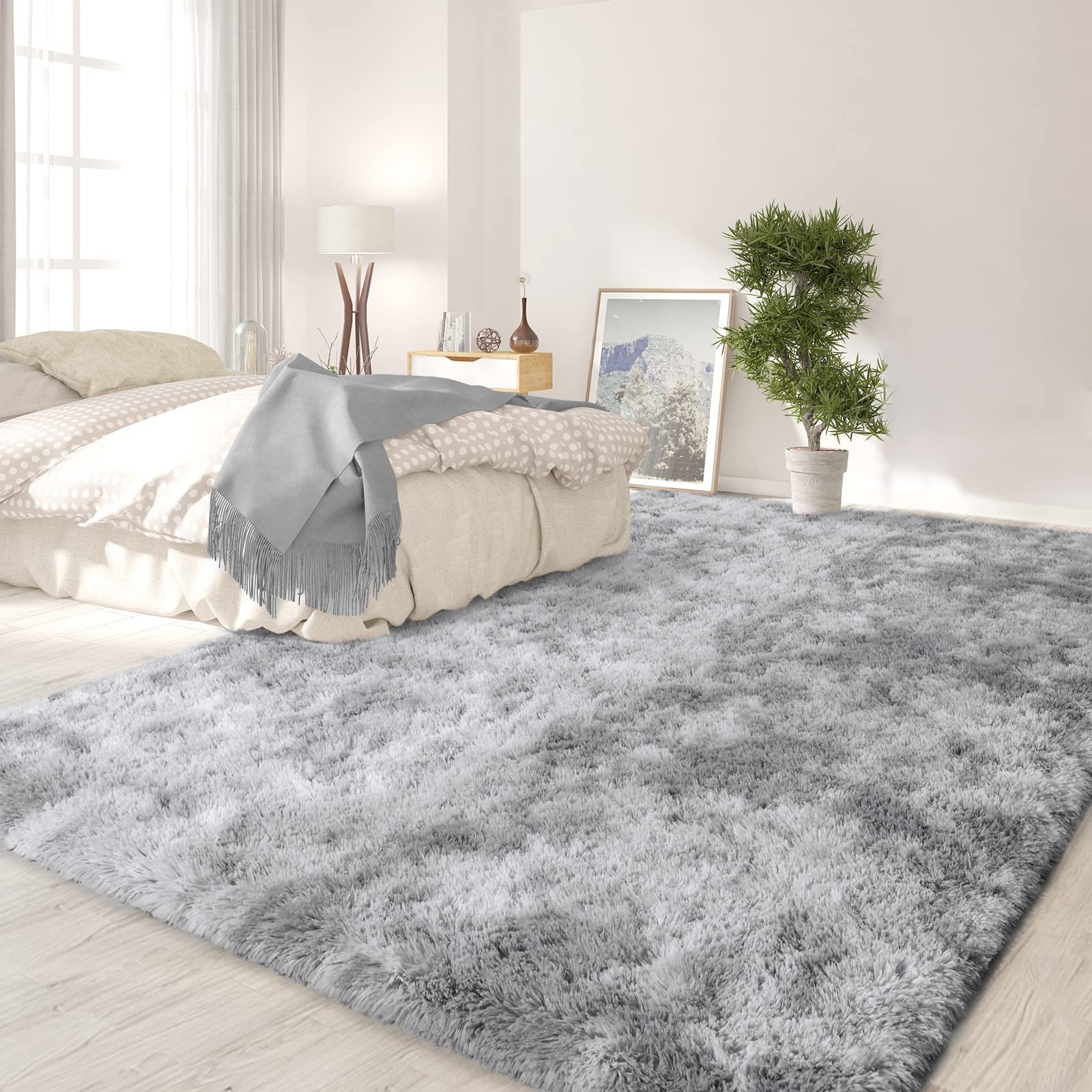 Large Area Rug 5×8 Feet Ultra Soft Plush Light Grey Tie-Dyed – Cozy Living Room