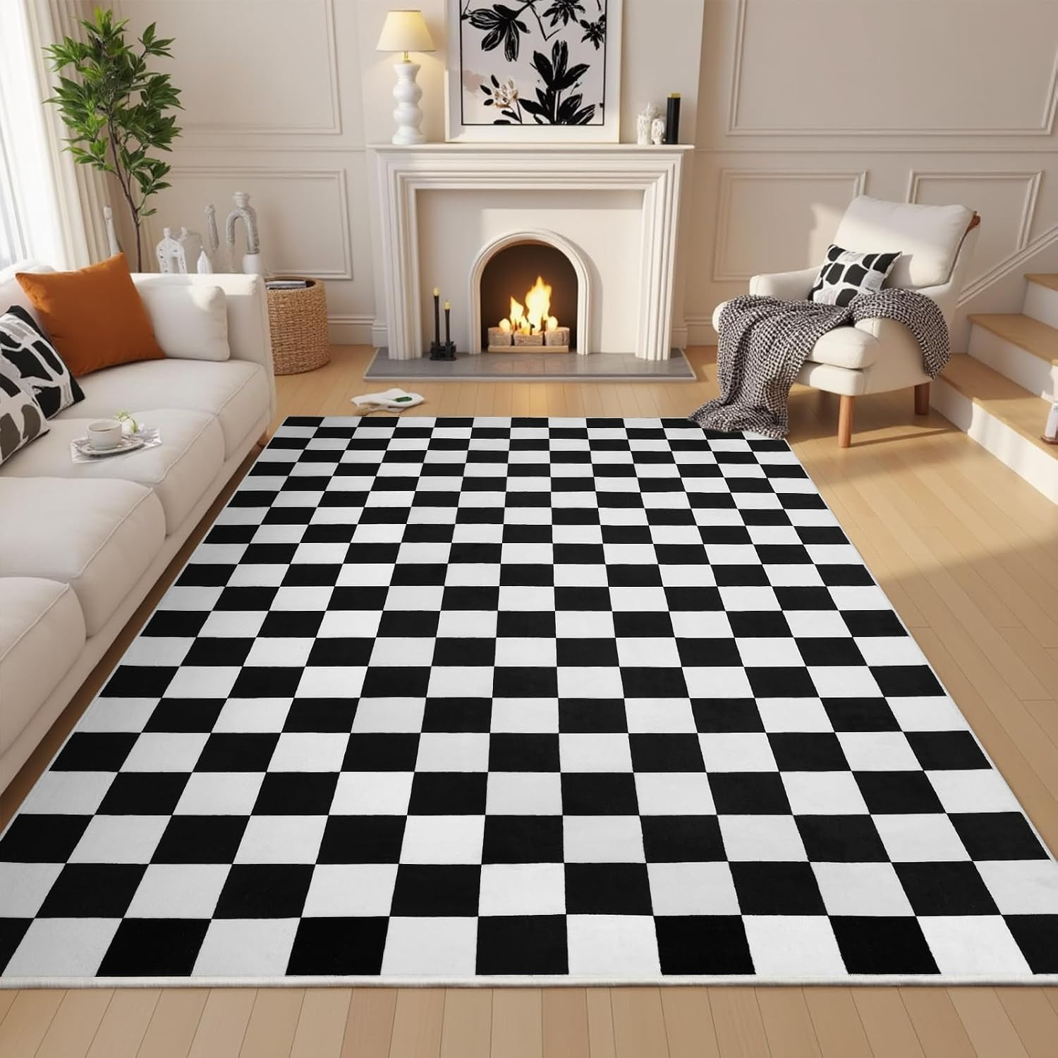 Black and White Checkered Rug for Living Room,5X7 Area Rugs Washable with Non Sl