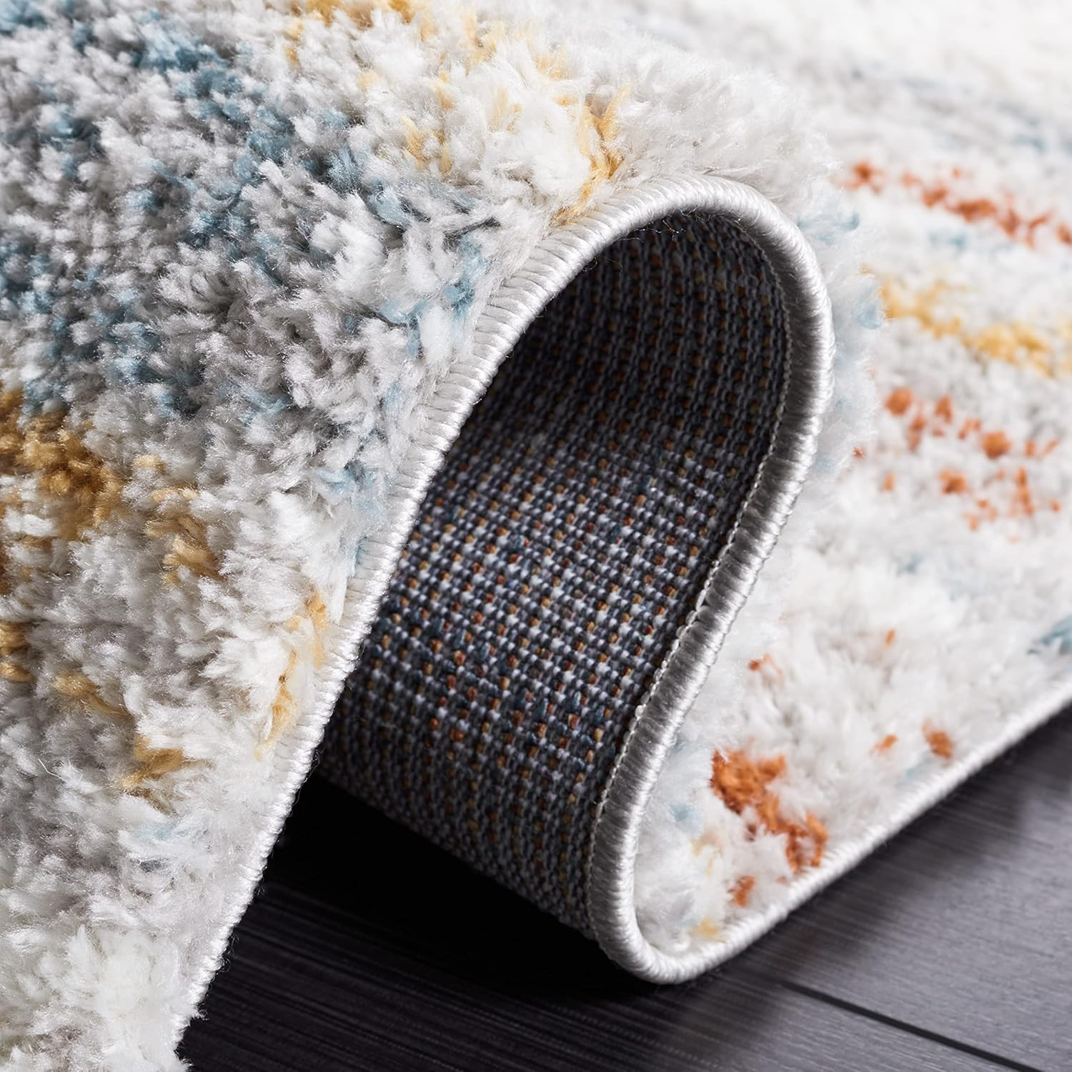 Modern Abstract Berber Shag Area Rug 9′ x 12′ – Blue Rust Ivory, Easy Care