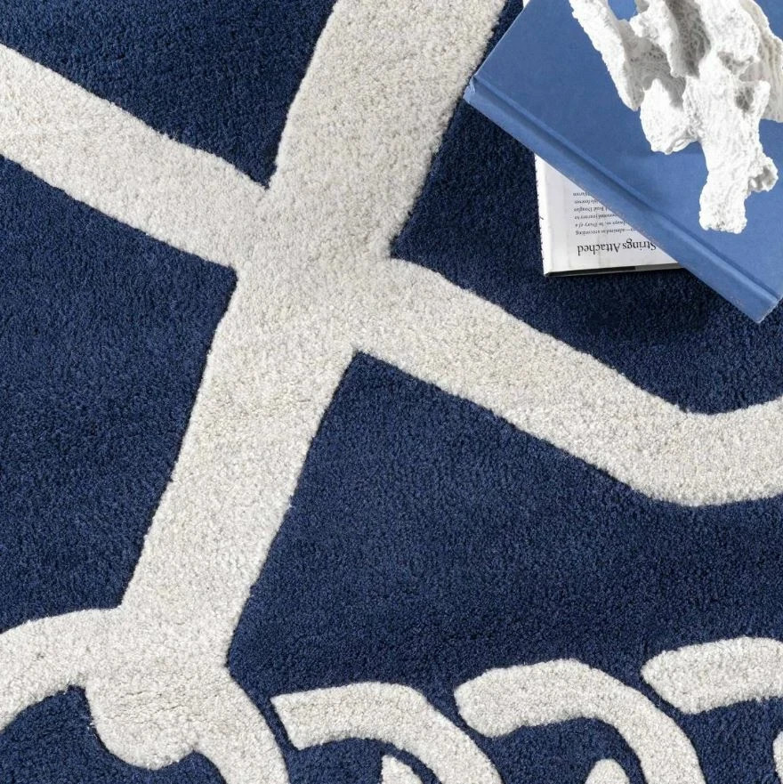 Nautical Anchor Navy Blue Hand-Tufted 100% Wool Soft Area Rug Carpet