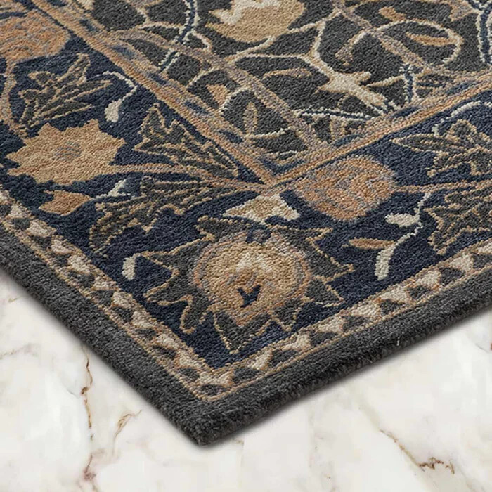 Navy Blue Floral Wool Rug Handmade Tufted Vintage Traditional Area Carpet
