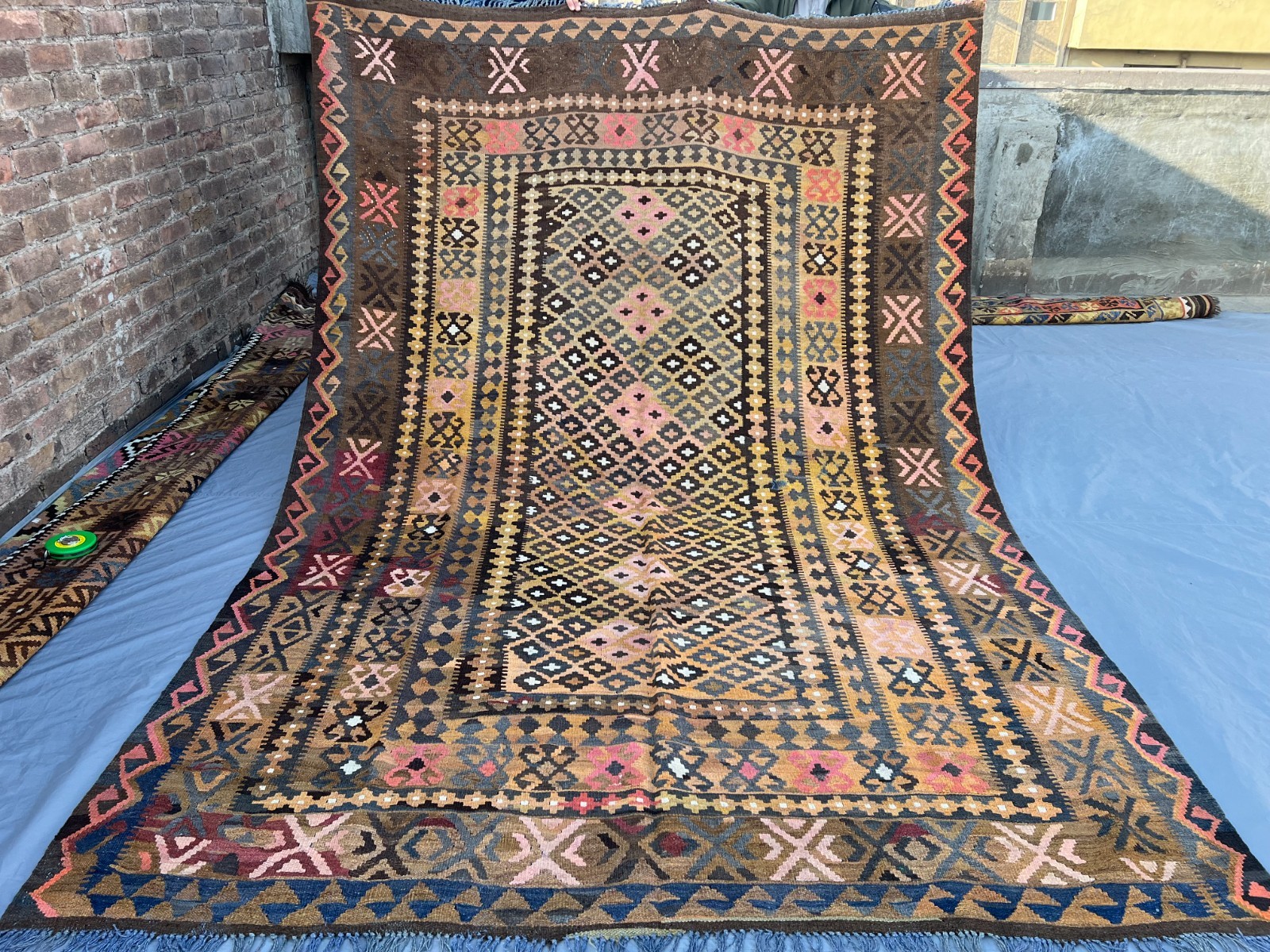 7×10 Afghan Kilim Rug Handwoven Tribal Flatweave Carpet With Earth Tone Geometry
