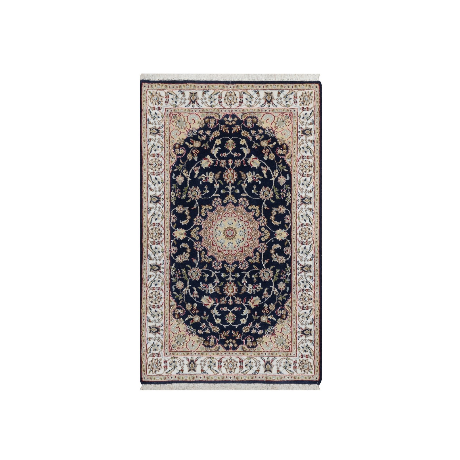 2’8″x4’2″ Navy Nain Medallion Design Hand Knotted Wool and Silk Mat Rug R91533