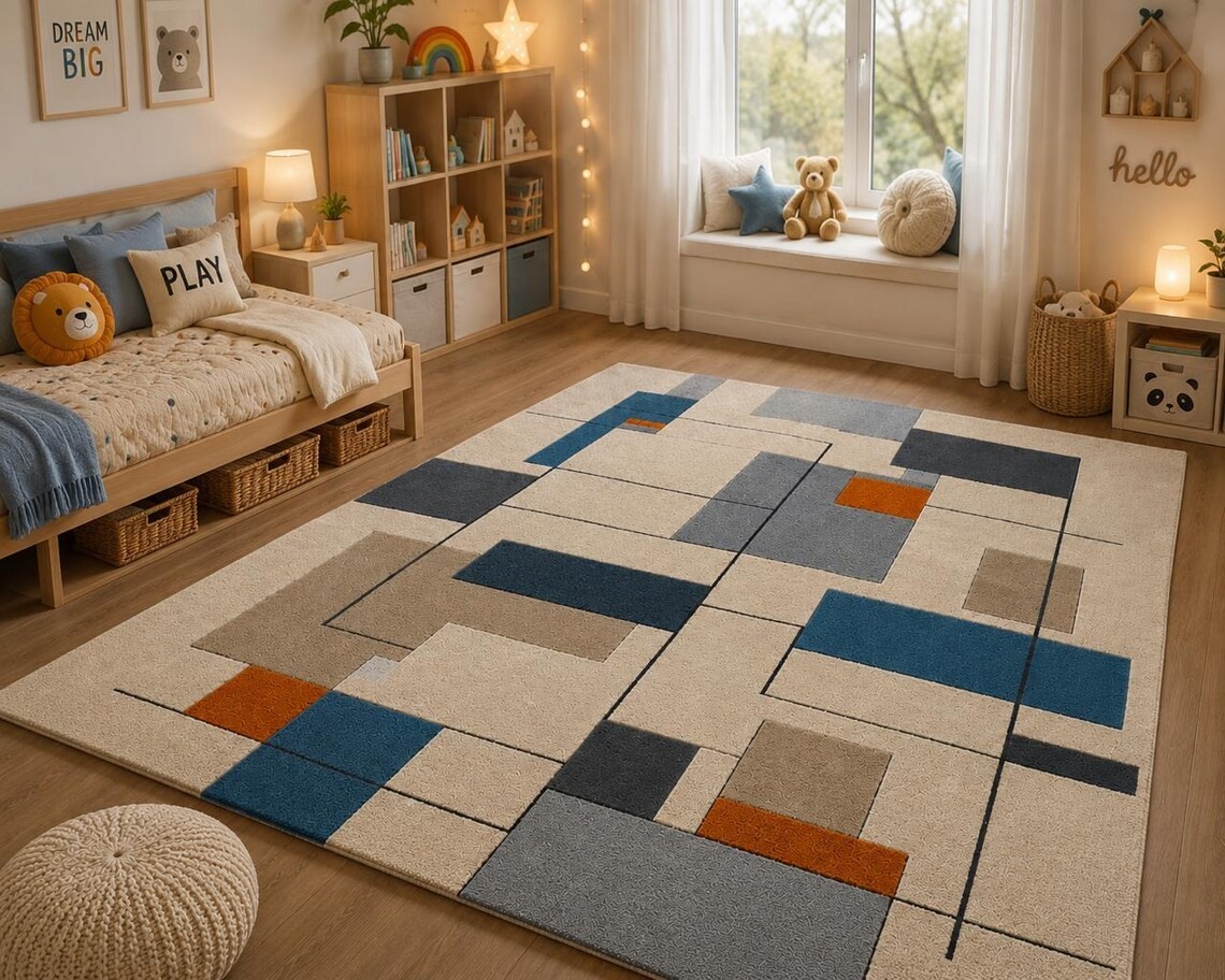 Modern Hand Tufted Wool Rug, Luxury Geometric Area, Abstract Contemporary Carpet
